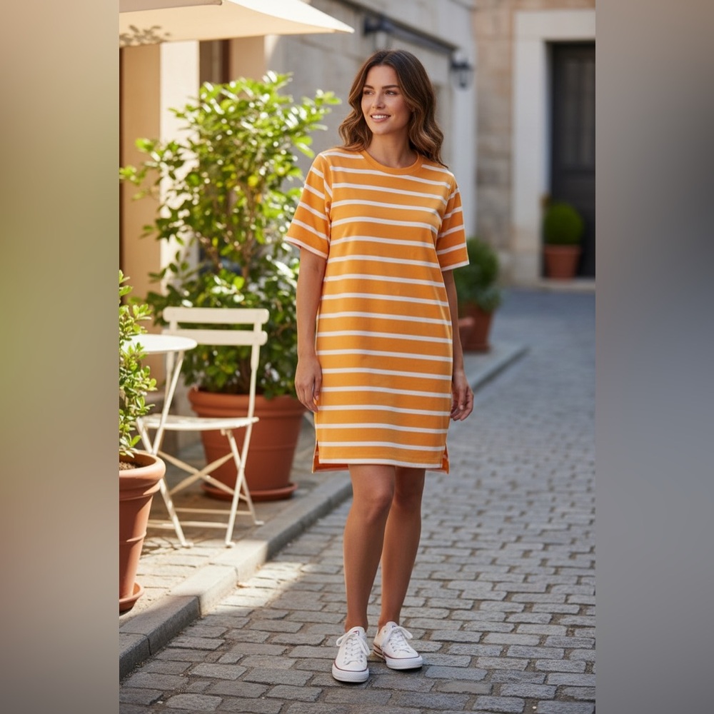NWT COLUMBIA Sun Trek™M Tee Dress Mango Sunrise Stripe
